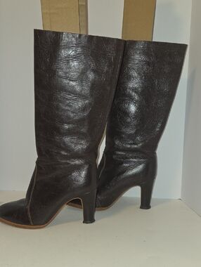 Vintage Edna World Fashions Dark Brown Leather Mid-Calf Heeled Boots Size 7